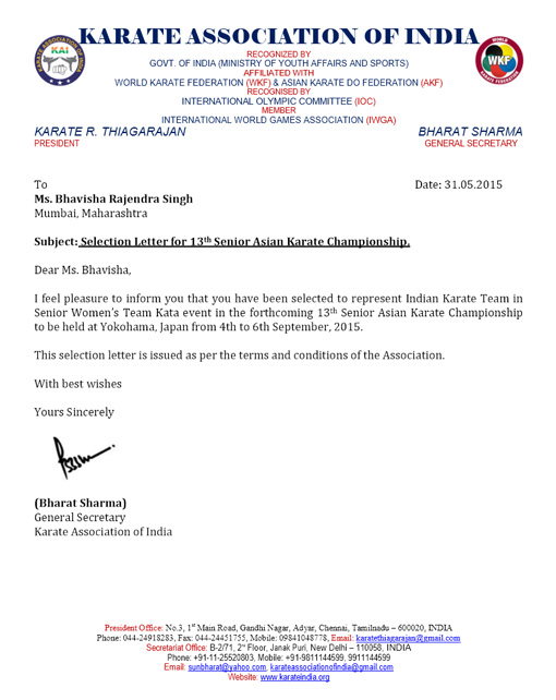 Selection letter of Bhavisha Singh